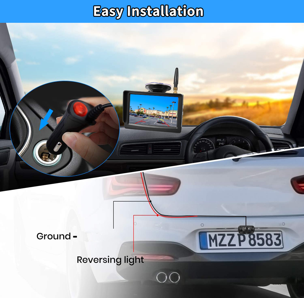 12V 24V Wireless Backup Camera Kit System 5" Wireless Car Monitor and Wireless Reversing Rear View License Plate Camera