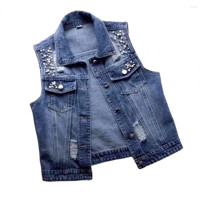 Women's Vests Denim Women Vest Luxury Pearls Lapel Sleeveless Single Breasted Flap Pockets Beads Decor Waistcoat Ripped Holes Coat, Blue
Women's Vests Denim Women Vest Luxury Pearls Lapel Sleeveless Single Breasted Flap Pockets Beads Decor Waistcoat Ripped Holes Coat, Blue