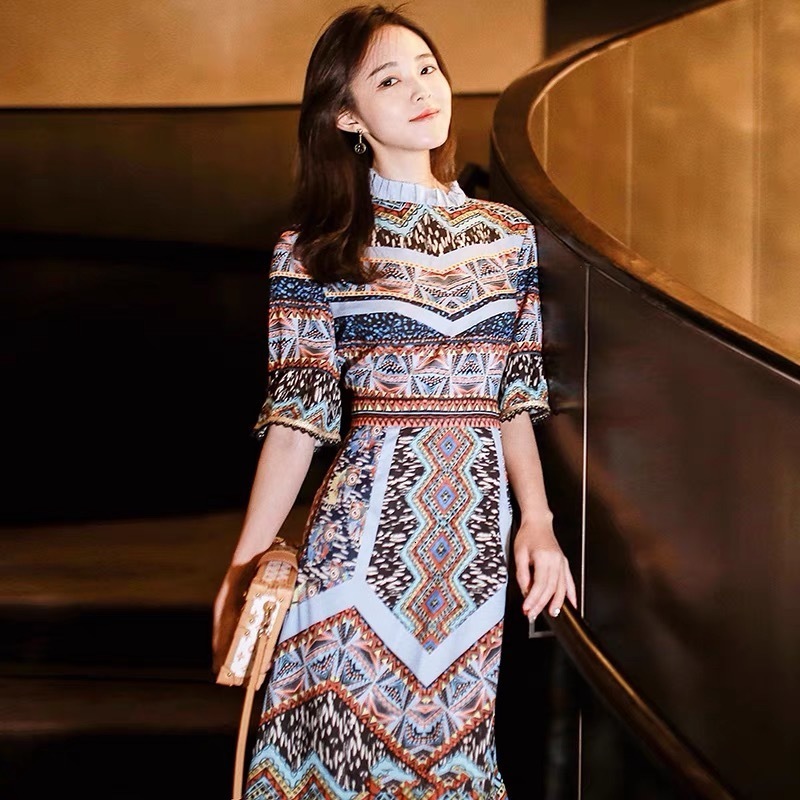 vintage midi dress office lady work elgant mermaid blue black fashion flare sleeve spring summer dresses for party dinner 210421