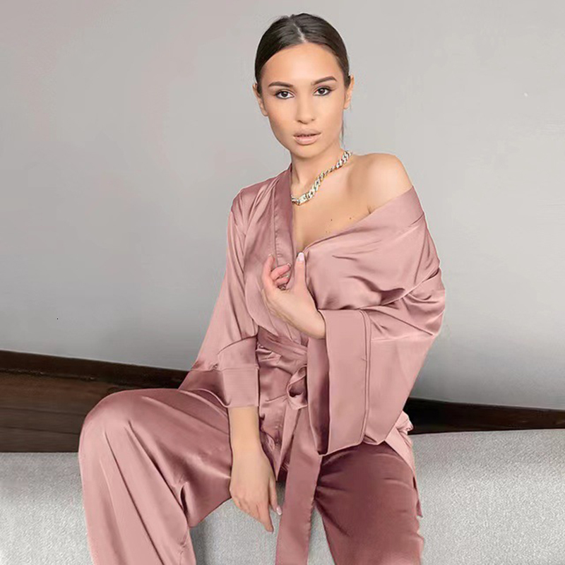 Women's Pajamas Ice silk Long Sleeve Cardigan pijama Trouser Suits Plus Size Lingere set woman 2 pieces Home suit Sleepwear 220421