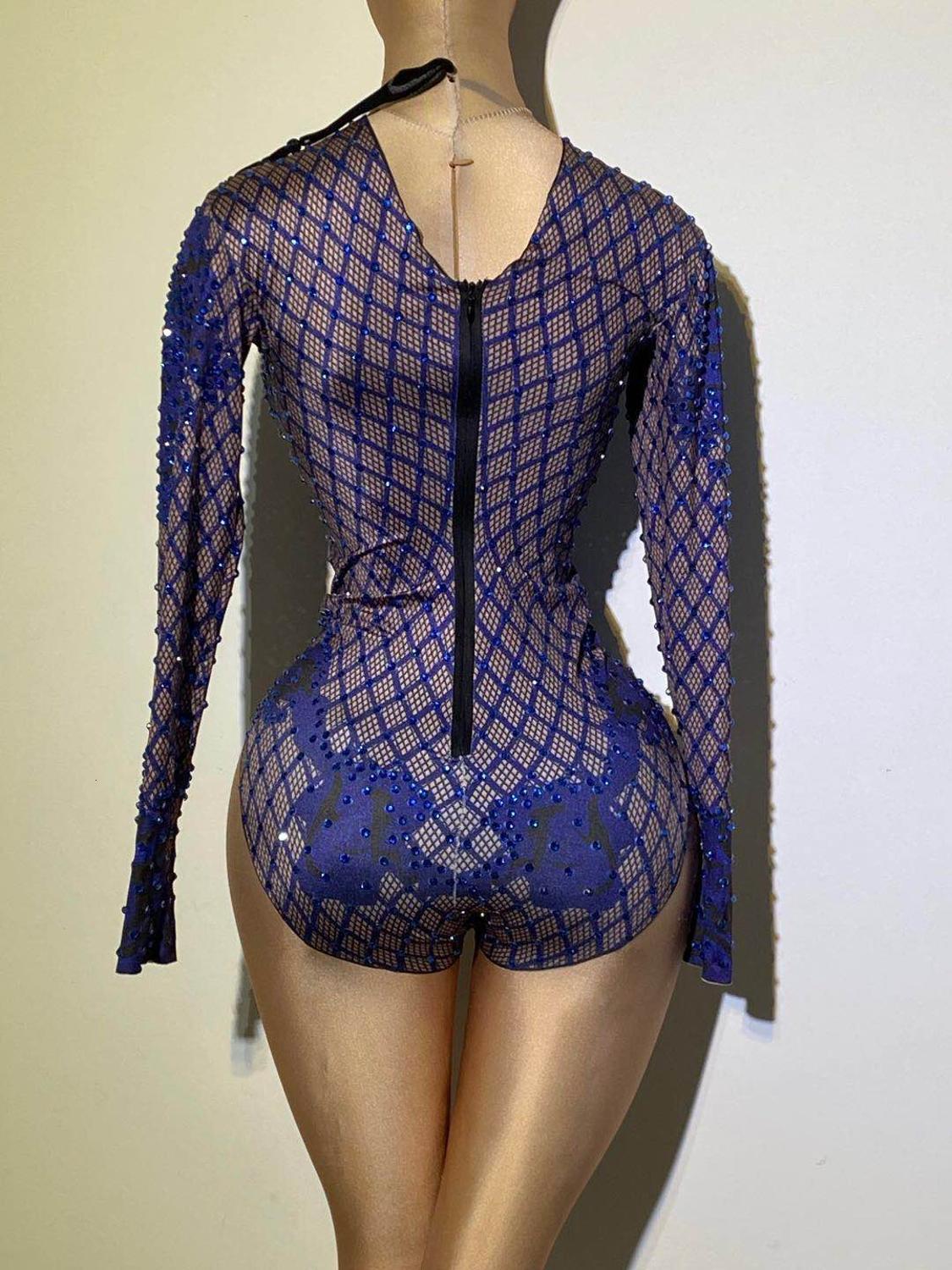Womens Jumpsuits Rompers Sexy Blue Print Dancer Bodysuit Women Long Sleeve Elastic Crystal Jumpsuit Female Club Showgirl Stage Leotard Costume 221113