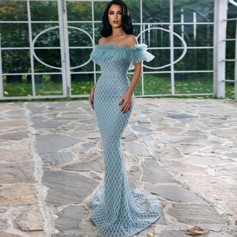 Light Sky Blue Mermaid Prom Dresses Lace Sequined Evening Gowns Ruffles Off The Shoulder Neckline Sweep Train Special Occasion Formal Wear, Ivory
Light Sky Blue Mermaid Prom Dresses Lace Sequined Evening Gowns Ruffles Off The Shoulder Neckline Sweep Train Special Occasion Formal Wear, Ivory