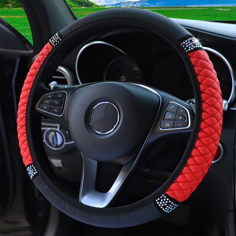 

Steering Wheel Covers Four Seasons Universal Car Cover 37-38cm Leather Embroidered Color Diamond-Studded Elastic