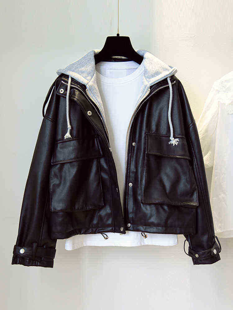 Ftlzz Spring Autumn Fake Two Pieces Hooded Faux Leather Jacket Women Casual Drawstring Pu Leather Jacket Loose Black Outfit J220727
Ftlzz Spring Autumn Fake Two Pieces Hooded Faux Leather Jacket Women Casual Drawstring Pu Leather Jacket Loose Black Outfit J220727