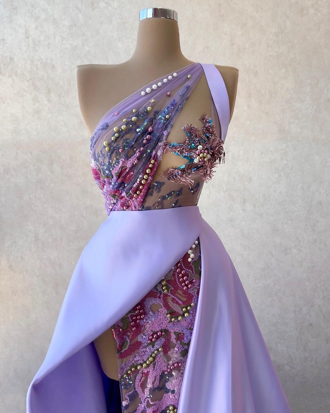 Lavender One Shoulder Prom Dresses Lace Beaded Illusion Party Dresses Sequined Side Split Custom Made Evening Dress