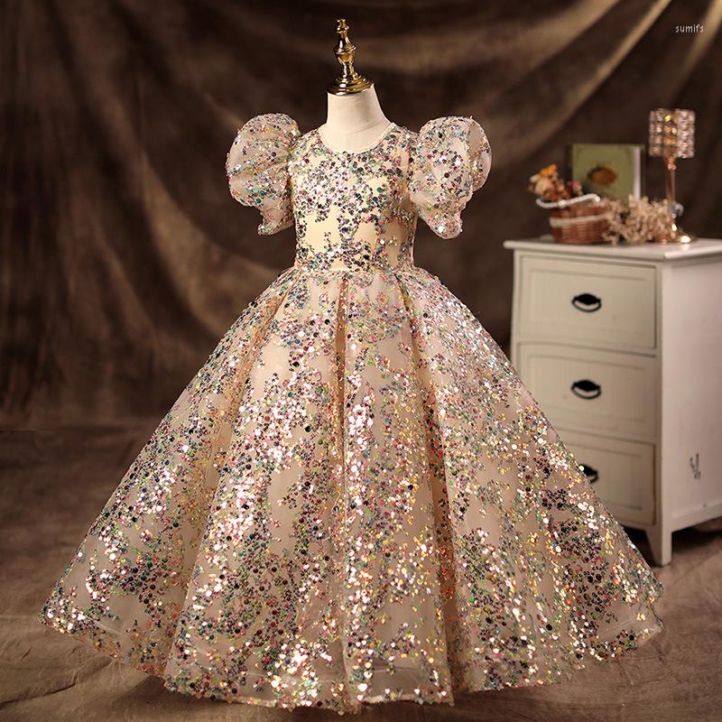 

Girl Dresses Champagne Wedding Flower Dress Tutu Puff Sleeves Princess Court Style Birthday Piano Performance Prom Costume 2022, Photo color