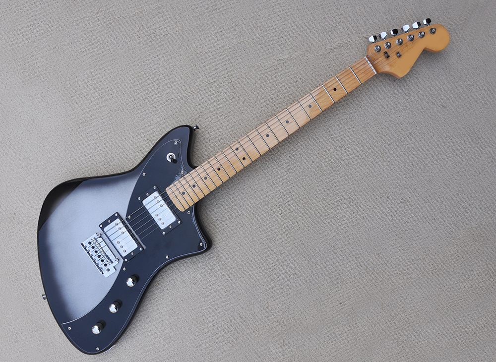 Silver Electric Guitar with Black Pickguard Maple Fretboard Can be Customized
Silver Electric Guitar with Black Pickguard Maple Fretboard Can be Customized