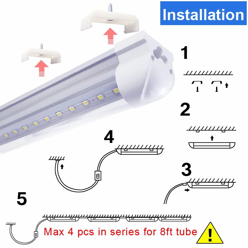 8Ft Led Tube Frosted Cover 8 Feet Shop Lights Fixture 96 Inch Cooler Door Freezer Integrated Lamp 4 Row 144W Transparent Clear Covers No RF FM Interfe