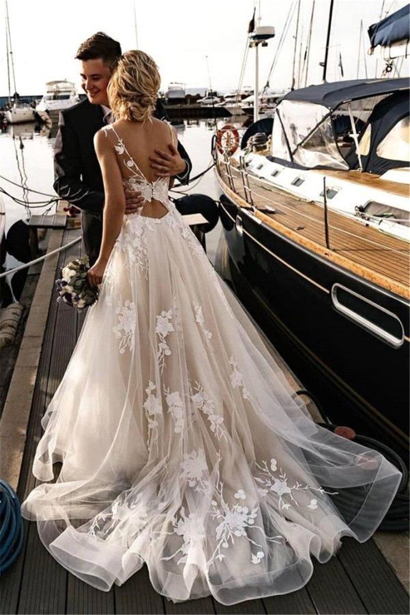 Gorgeous Wedding Dresses Bridal Gown Scoop Neck Lace Applique Tulle Sexy Back Designer Sweep Train A Line Custom Made Plus Size Vestido De Novia