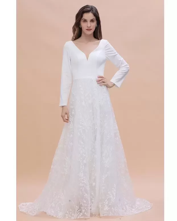 Modern Boho Long Sleeve Princess Wedding Dresses V Neck Covered Button Backless Lace Train Bridal Gown Vestido De Novia Bc2474 Estido Estido