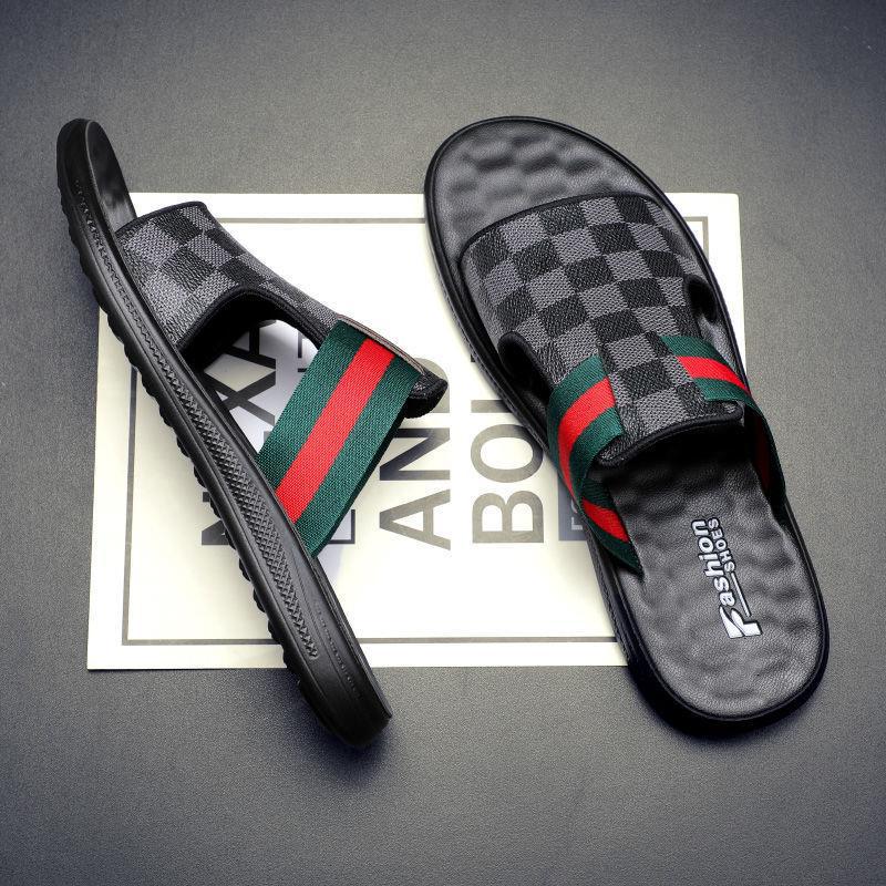 Men's Slippers Summer Outdoor Non-slip Flip-flops Geometric Print Sandals, Grey