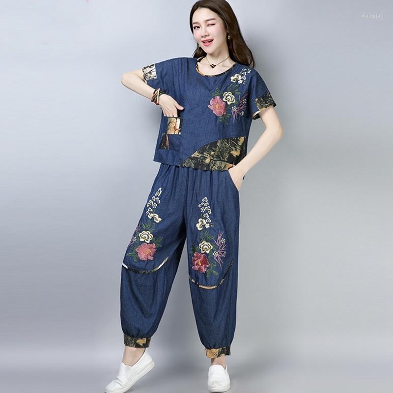 Ethnic Clothing Summer Vintage Chinese Style Embroidery Pant Suits Women'S Tops Loose Bloomers Two-Piece Denim Short Sleeve Casual Sets
Ethnic Clothing Summer Vintage Chinese Style Embroidery Pant Suits Women'S Tops Loose Bloomers Two-Piece Denim Short Sleeve Casual Sets