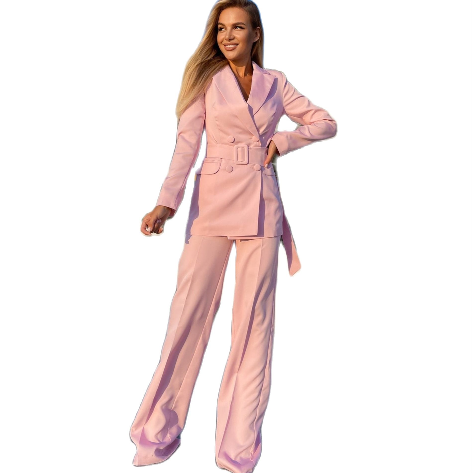 2 Pcs Lady Business Suits Elegant Long Sleeve With Belt Double Breasted Solid Color High Waist Blazer Pants Suit