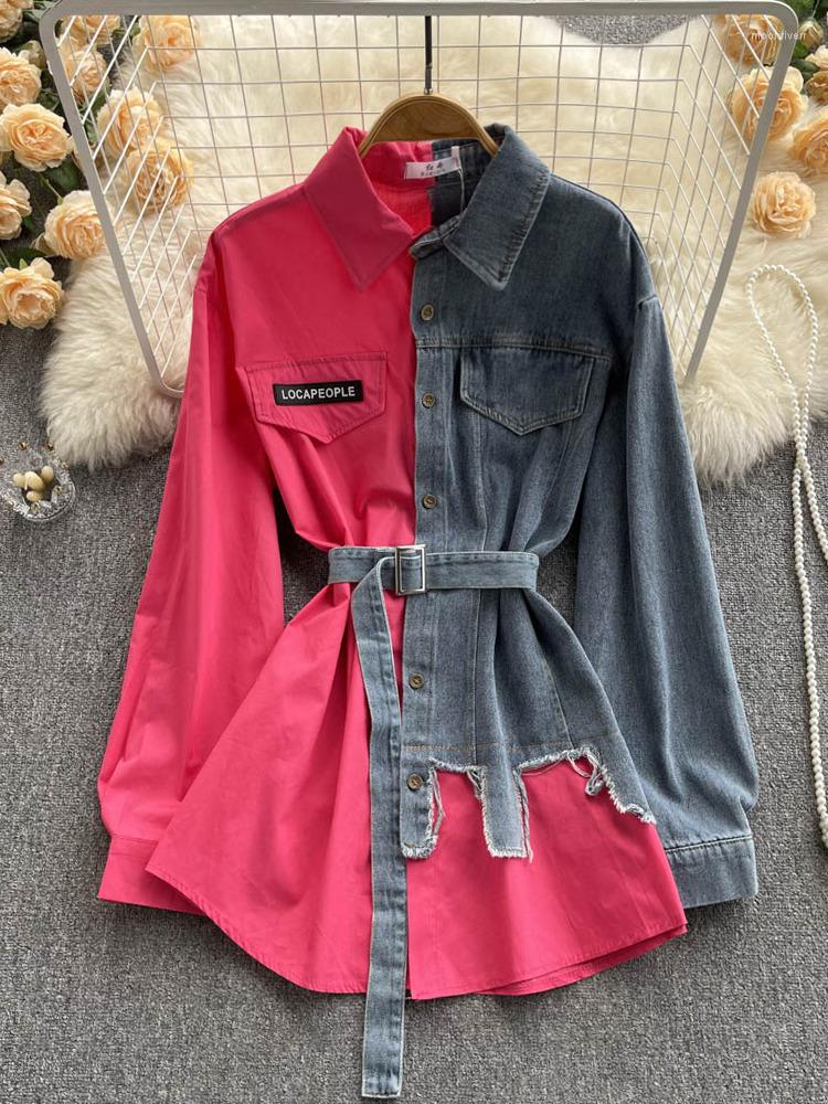 Women's Blouses Vintage Denim Patchwork Lapel Long Sleeve Slim Waist Contrast Color Shirt Women Casual Mid Length Blusa With Belt, Green
Women's Blouses Vintage Denim Patchwork Lapel Long Sleeve Slim Waist Contrast Color Shirt Women Casual Mid Length Blusa With Belt, Green