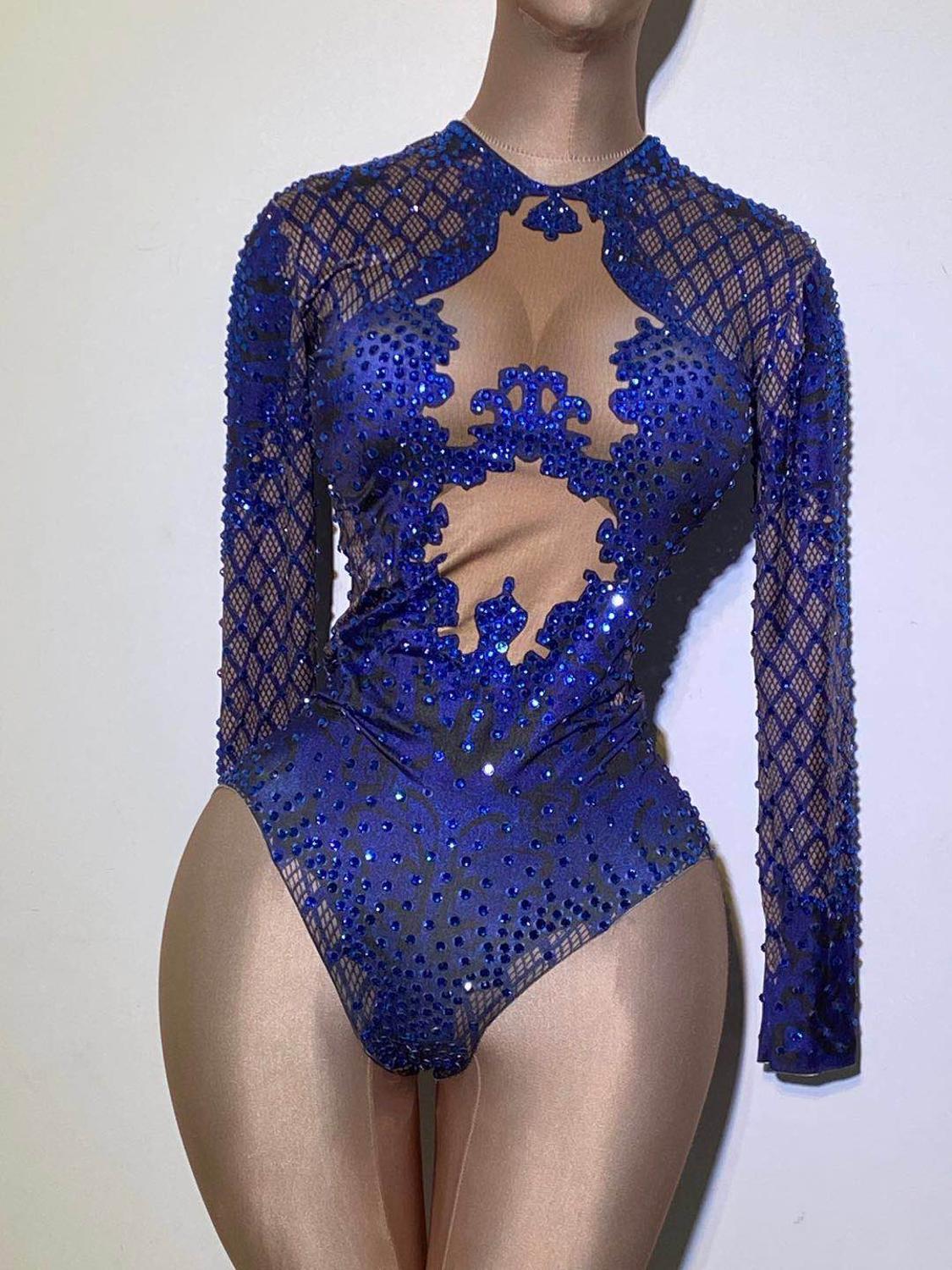 Womens Jumpsuits Rompers Sexy Blue Print Dancer Bodysuit Women Long Sleeve Elastic Crystal Jumpsuit Female Club Showgirl Stage Leotard Costume 221113