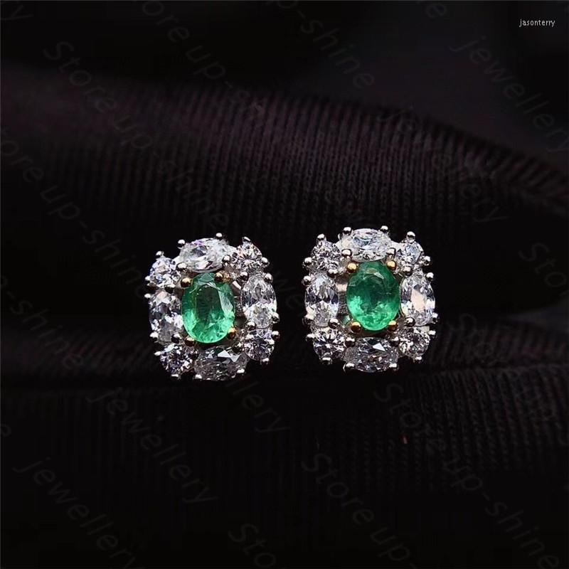 Stud Earrings Natural Emerald 925 Silver Two-color Electroplating Process High-end Luxury Style