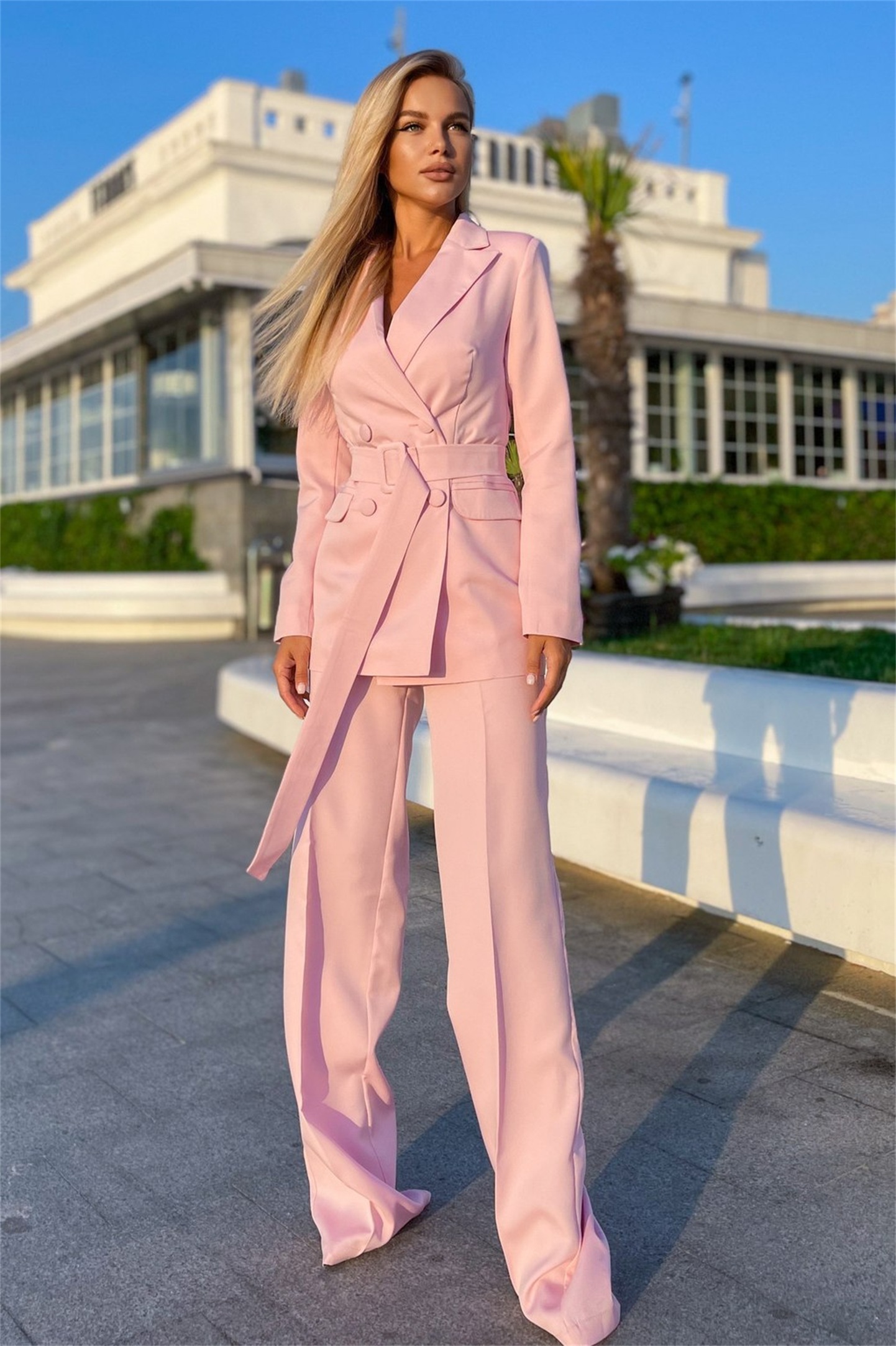 2 Pcs Lady Business Suits Elegant Long Sleeve With Belt Double Breasted Solid Color High Waist Blazer Pants Suit