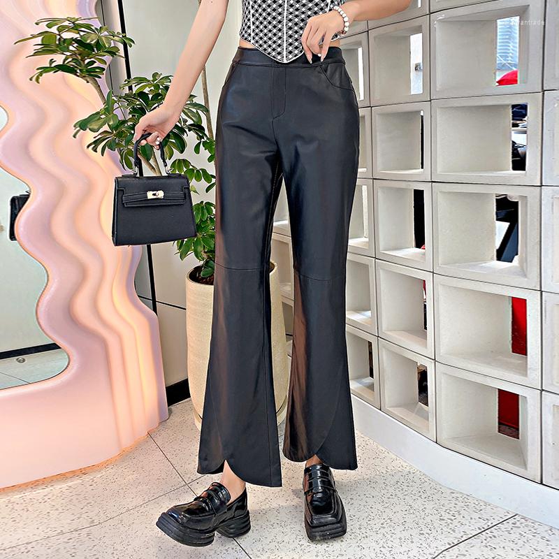 

Women' Pants High Quality Black Fashion Waist Casual Sheepskin Genuine Leather Office Lady Ankle-length Flared Women -4XL