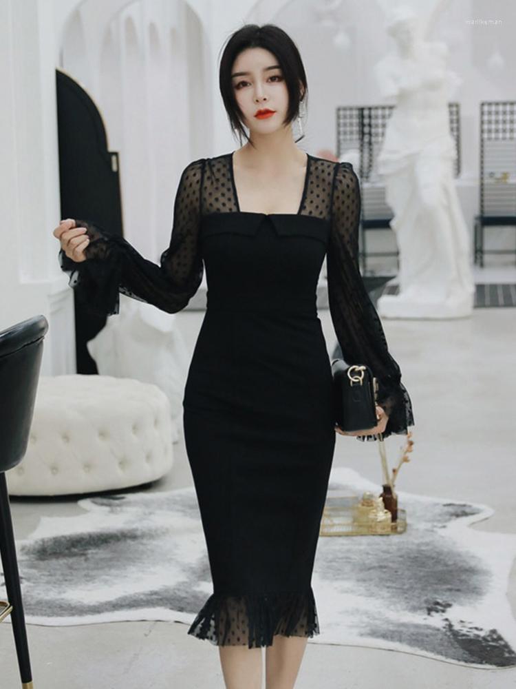 Casual Dresses Spring Women Midi Dress Sexy Temperament Black Polka Dot Sheer Mesh Stitching Trumpet Robe Vestidos Elegantes Para
Casual Dresses Spring Women Midi Dress Sexy Temperament Black Polka Dot Sheer Mesh Stitching Trumpet Robe Vestidos Elegantes Para