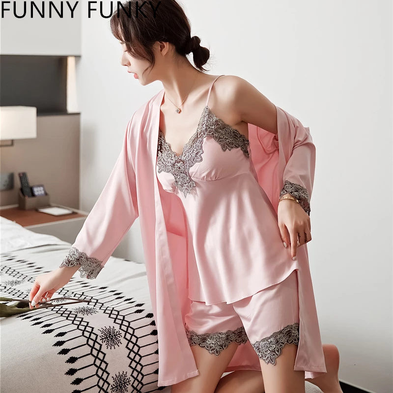 Women's Sleepwear Sexy Pyjamas 5PC Silk Robe Sleep Suit Womens Lace Chiffon Satin Pajamas Gown Set VNeck Night Wear Pajama Home Nightwear Spring 