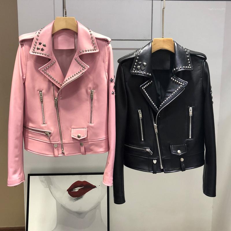 Women' Leather Woman Coats Genuine 2022 Autumn Winter Sheepskin Coat Female Motorcycle Jackets Rivet Short Pink, Black 
Women' Leather Woman Coats Genuine 2022 Autumn Winter Sheepskin Coat Female Motorcycle Jackets Rivet Short Pink, Black