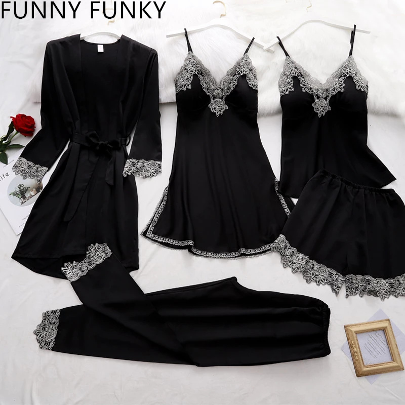 Women's Sleepwear Sexy Pyjamas 5PC Silk Robe Sleep Suit Womens Lace Chiffon Satin Pajamas Gown Set VNeck Night Wear Pajama Home Nightwear Spring 