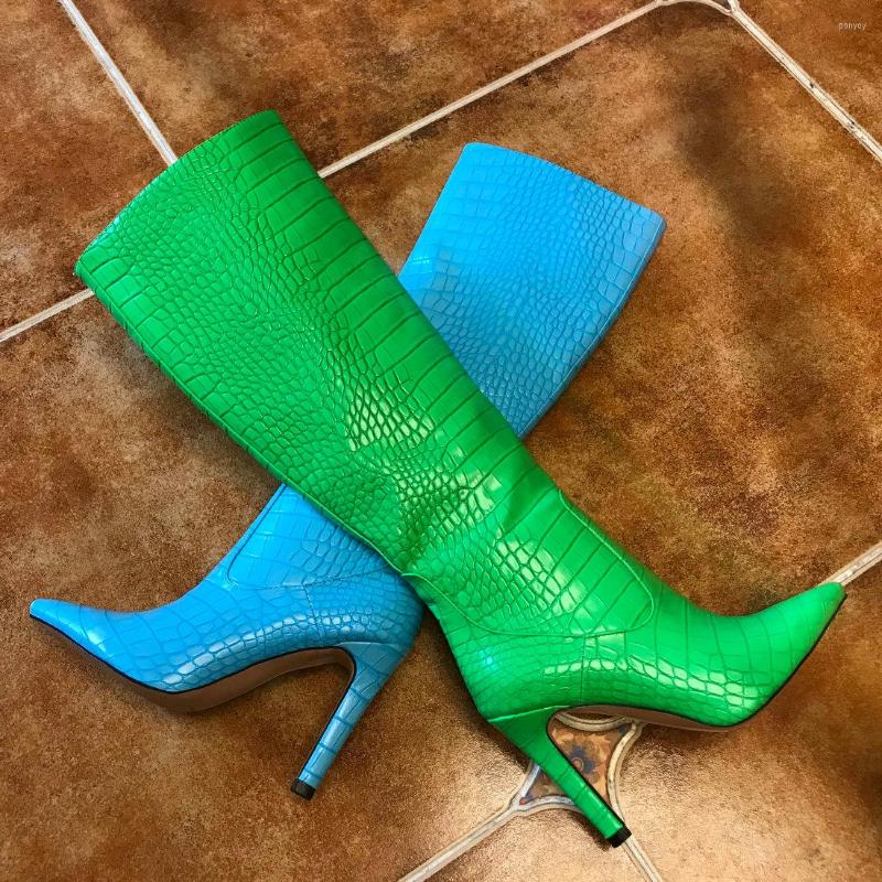 Boots Fluorescent Green Blue Crocodile Leather Women Knee High Heels Pointed Toe Spring Autumn Long Black Beige Brown 2022
Boots Fluorescent Green Blue Crocodile Leather Women Knee High Heels Pointed Toe Spring Autumn Long Black Beige Brown 2022