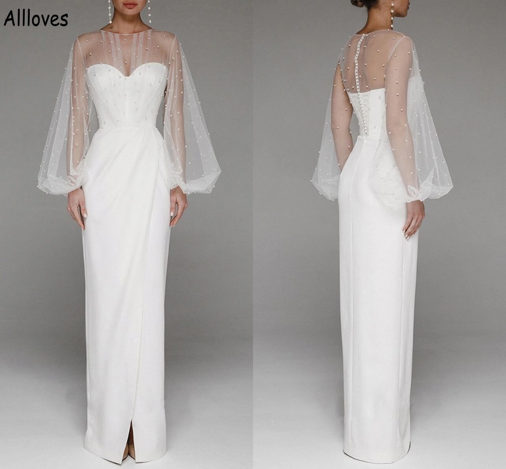Pearls Puff Illusion Long Sleeves Sheath Wedding Dresses Simple Ivory Satin Sheer Neck Front Split Bridal Gowns Boho Beach Bride Second Reception Dress CL1434, Light sky blue
Pearls Puff Illusion Long Sleeves Sheath Wedding Dresses Simple Ivory Satin Sheer Neck Front Split Bridal Gowns Boho Beach Bride Second Reception Dress CL1434, Light sky blue