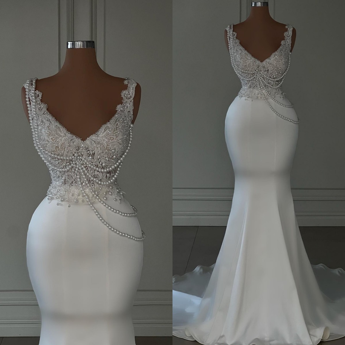 

Elegant Pearls 2023 Mermaid Wedding Dress Lace Appliqued Beaded V Neck Bridal Gowns Satin Custom Made vestidos de novia, Same as image