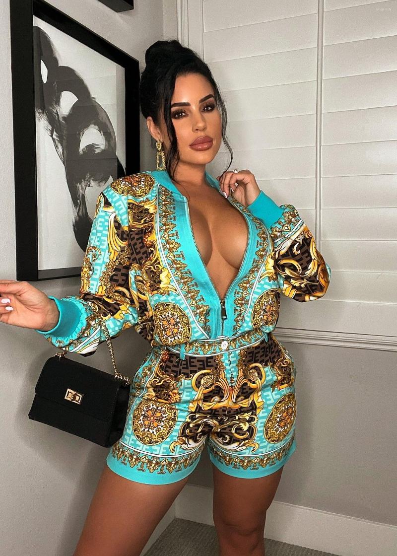 Women' Tracksuits DPSDE 2022 Women Summer And Autumn Rich Noble Commuter Leisure Printed Long Sleeve Zipper Shorts Two Piece Set, Gold