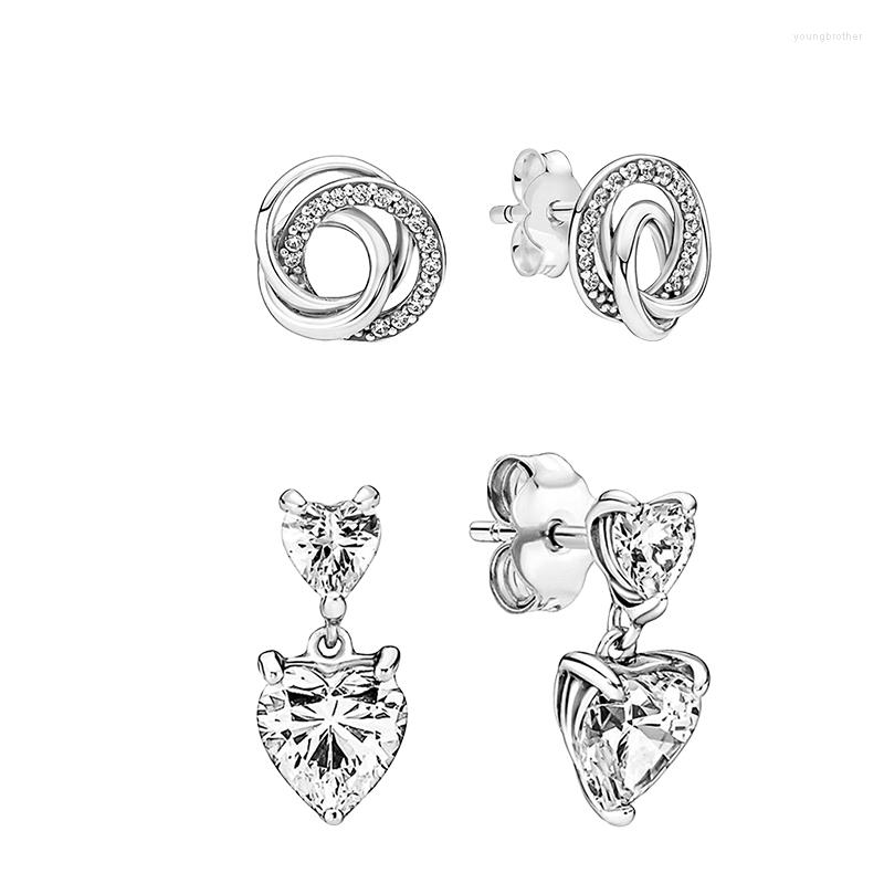 

Stud Earrings Ear Piercing For Women 925 Sterling Silver Jewelry Zircon Family Always Encircled Double Hearts Mother's Day Gifts