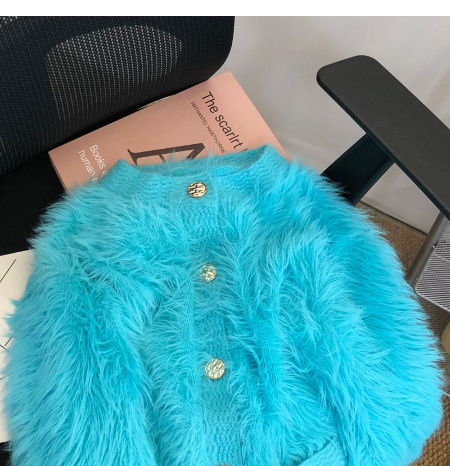 Womens o-neck mohair wool faux fox fur sweater single breasted warm cardigan coat SMLXL