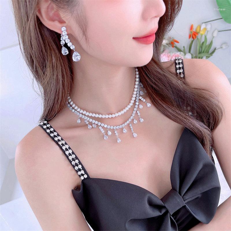 Pendant Necklaces Bride Jewelry Set Light Luxury Style High-grade Pearl Drop Zircon Double-layer Necklace
Pendant Necklaces Bride Jewelry Set Light Luxury Style High-grade Pearl Drop Zircon Double-layer Necklace