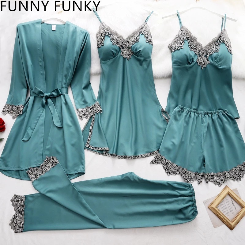 Women's Sleepwear Sexy Pyjamas 5PC Silk Robe Sleep Suit Womens Lace Chiffon Satin Pajamas Gown Set VNeck Night Wear Pajama Home Nightwear Spring 