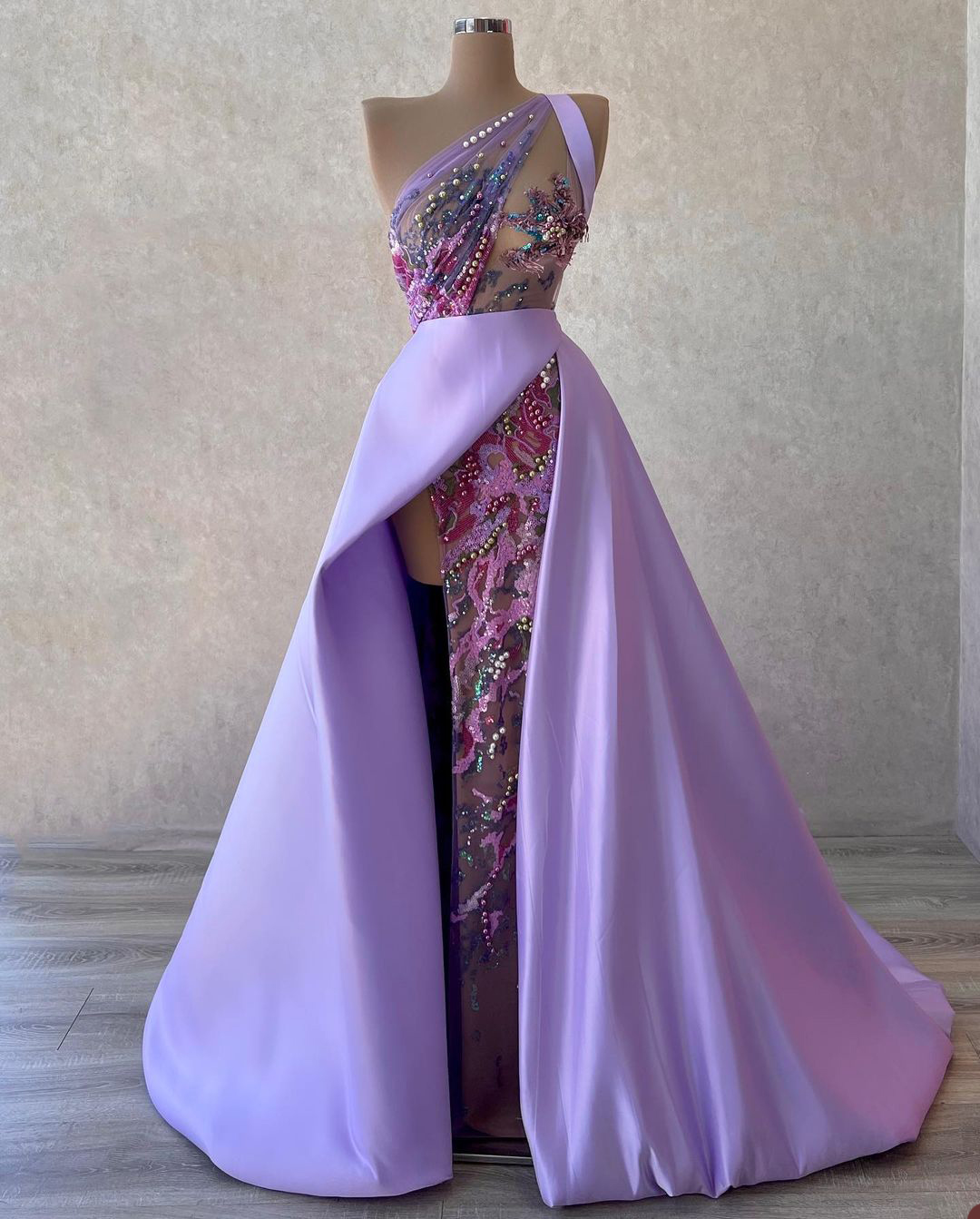 Lavender One Shoulder Prom Dresses Lace Beaded Illusion Party Dresses Sequined Side Split Custom Made Evening Dress