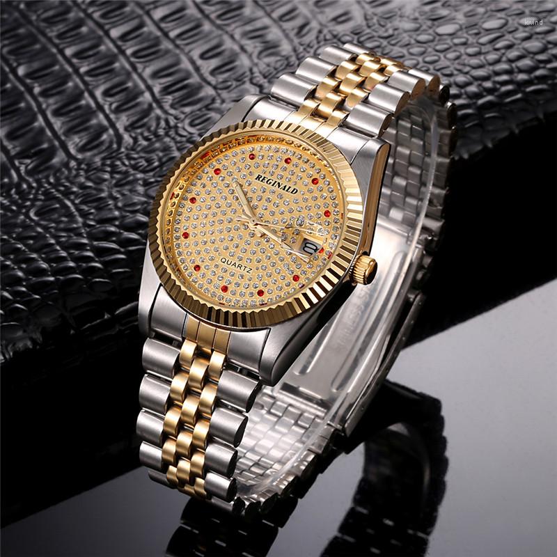 Wristwatches REGINALD Men Watches Diamond Wristwatch Stainless Steel Watch Fashion Quartz Relogio Masculino, Silver gold
Wristwatches REGINALD Men Watches Diamond Wristwatch Stainless Steel Watch Fashion Quartz Relogio Masculino, Silver gold