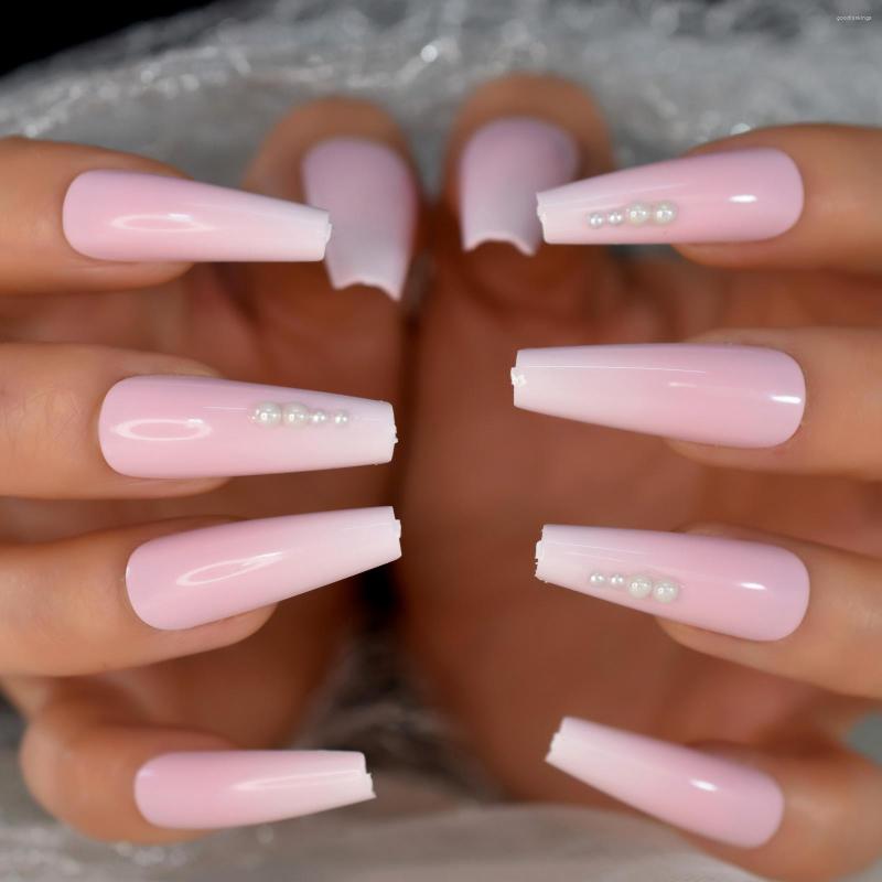 

False Nails Glossy Ombre Pink Press On Fingernails Gems Deco French Coffin Fake Extra Long Ladies Finish Designed Nail Tips, L6097