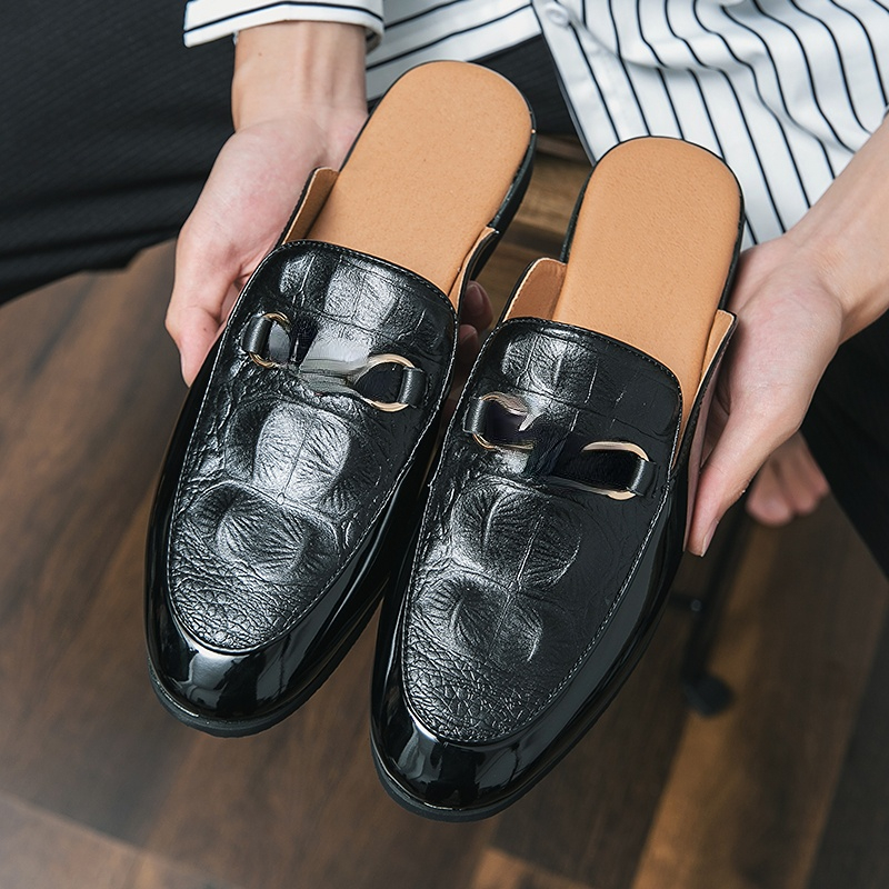 Crocodile Pattern Half Slippers Men Breathable Heelless Toe Head Solid Color PU Metal Buckle Fashion Casual Daily AD140
