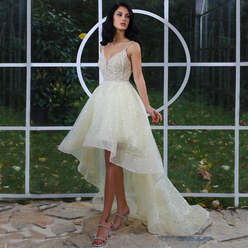 Light Yellow Sequined Prom Dresses High Low Evening Gowns A Line Sheer V Neckline Tulle Sweep Train Special Occasion Formal Wear, Champagne
Light Yellow Sequined Prom Dresses High Low Evening Gowns A Line Sheer V Neckline Tulle Sweep Train Special Occasion Formal Wear, Champagne