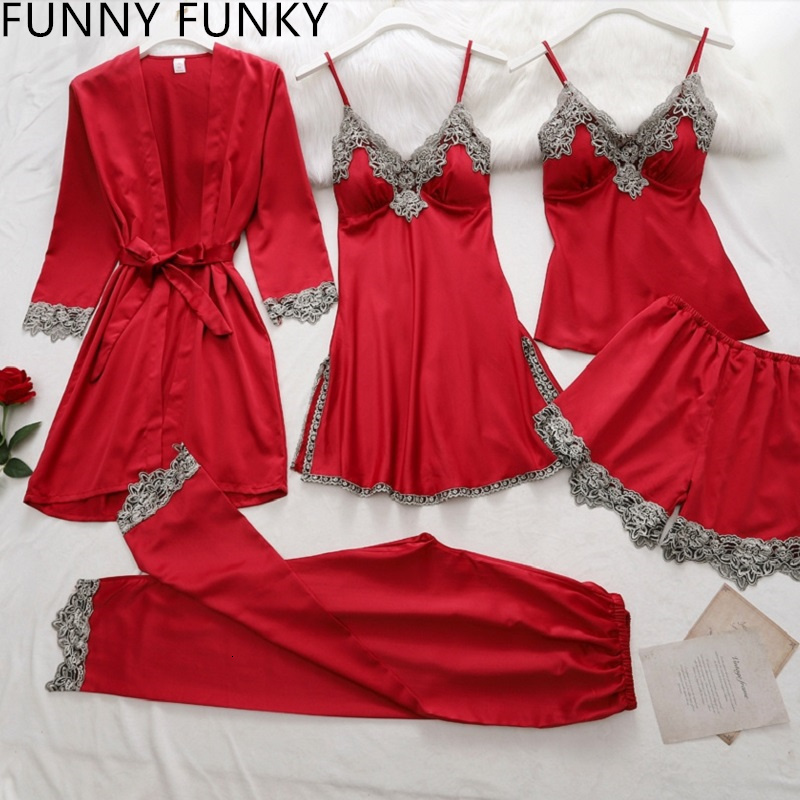 Women's Sleepwear Sexy Pyjamas 5PC Silk Robe Sleep Suit Womens Lace Chiffon Satin Pajamas Gown Set VNeck Night Wear Pajama Home Nightwear Spring 