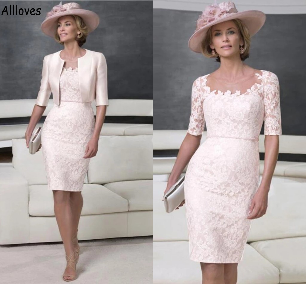Light Pink Lace Mother of The Bride Dresses With Satin Cape Jacket Half Long Sleeves Sheer Neck Women Formal Party Gowns Knee Length Short Sheath Prom Dress CL1446
Light Pink Lace Mother of The Bride Dresses With Satin Cape Jacket Half Long Sleeves Sheer Neck Women Formal Party Gowns Knee Length Short Sheath Prom Dress CL1446