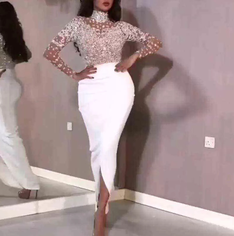 Aso Ebi Arabic Mermaid Evening Dresses Sheer High Neck Long Sleeve Beaded Ruched Splt Party Formal Prom Dresses