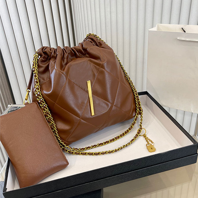 Chain String Bucket Bag Handbag Purse Shoulder Cross Body Bags Fashion Gold Metal Letters Genuine Leather Internal Zipper Diamond Lattice With Wallet, Just box
Chain String Bucket Bag Handbag Purse Shoulder Cross Body Bags Fashion Gold Metal Letters Genuine Leather Internal Zipper Diamond Lattice With Wallet, Just box