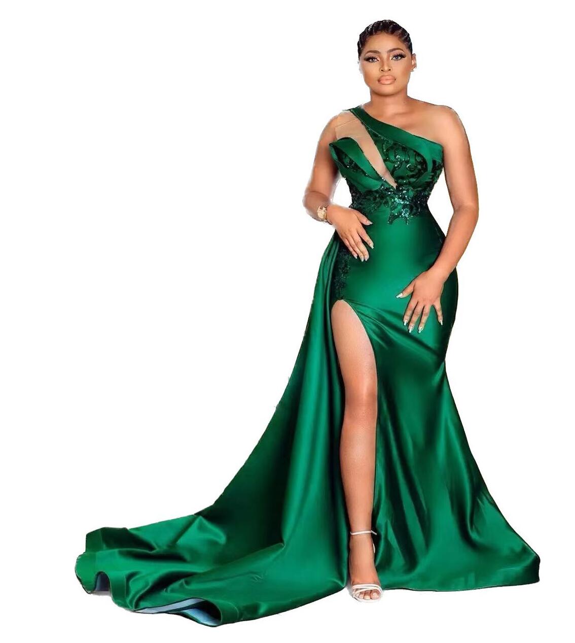 Hunter Green One Shoudler Neckline Bridesmaid Dresses High Side Split Long Sweep Vestidos De Fiesta Arabic Aso Ebi Maid Of Ho