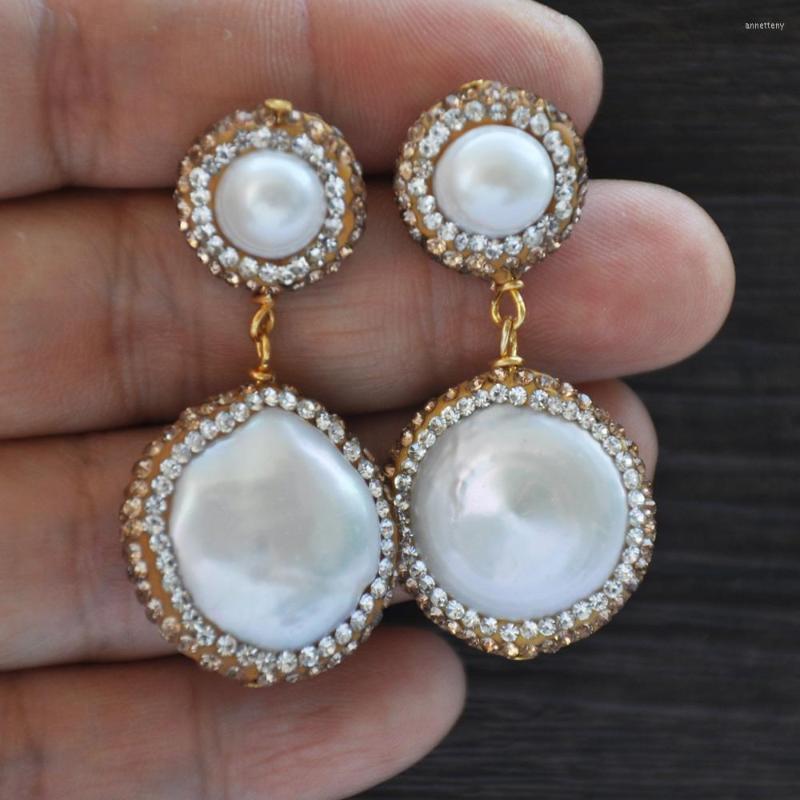 Dangle Earrings Z10533 22mm Coin White Round Pearl All CZ Earring