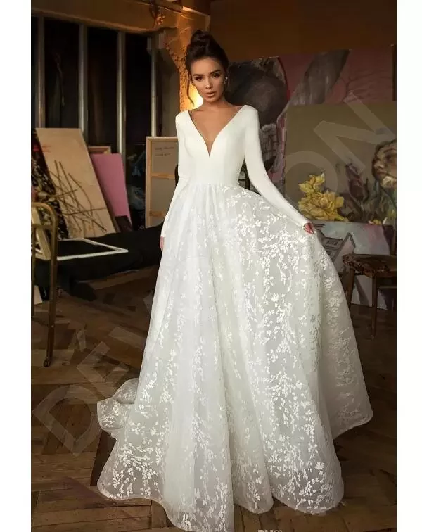 Modern Boho Long Sleeve Princess Wedding Dresses V Neck Covered Button Backless Lace Train Bridal Gown Vestido De Novia Bc2474 Estido Estido