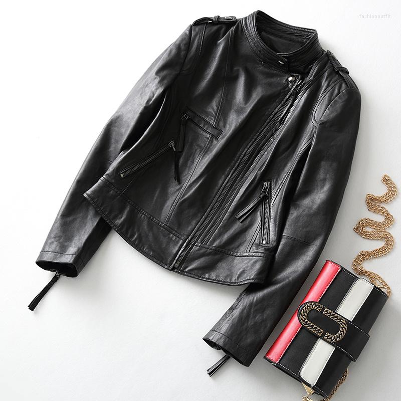Women's Leather Stand Jacket Motorcycle Sheepskin Women's Collar Short Genuine Women Coat Chaqueta Mujer, Black