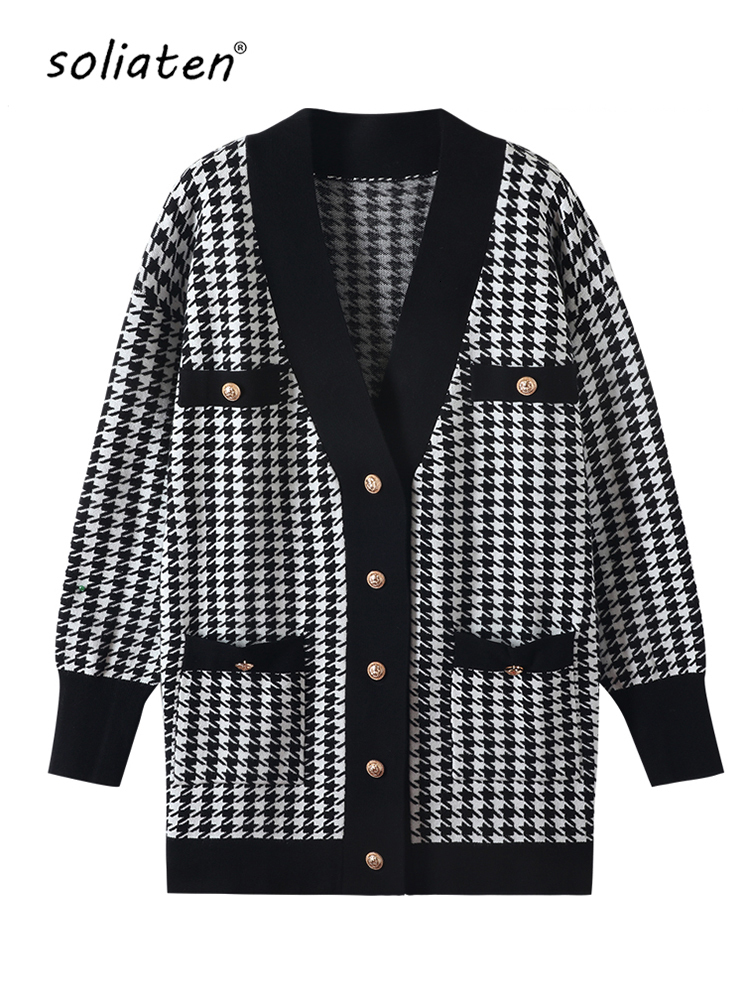 Women' Knits Tees Casual Long Knitted Pink Cardigan Female Autumn Winter Drop Shoulder Sweater Coat Basic Button Women' Houndstooth Tops C162 221111, Black white 
Women' Knits Tees Casual Long Knitted Pink Cardigan Female Autumn Winter Drop Shoulder Sweater Coat Basic Button Women' Houndstooth Tops C162 221111, Black white