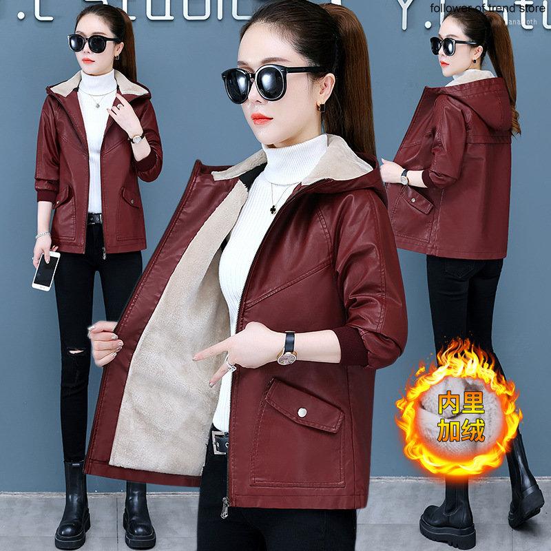 Women's Leather Burgundy Red Fleece Thickened Warm Jacket Women's Autumn Winter 2022 Hooded Loose Suit, Black
Women's Leather Burgundy Red Fleece Thickened Warm Jacket Women's Autumn Winter 2022 Hooded Loose Suit, Black