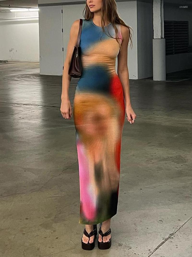 Casual Dresses Sleeveless Maxi Dress Women Summer Long Bodycon Elegant Sexy Tie Dye Outfits Ladies Birthday Party Club Sundress